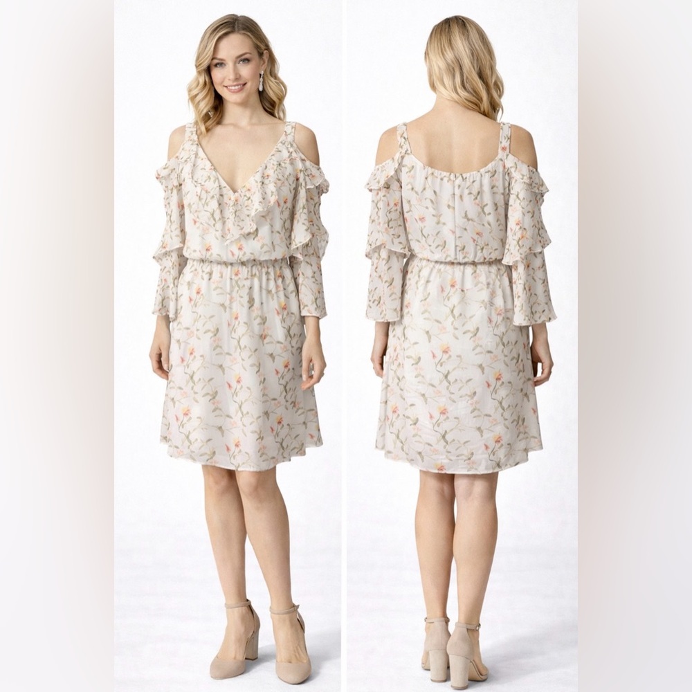 WHBM Dress White Floral 6 Small Cold Shoulder 3/4 Sleeve Flowy Fairy Milkmaid